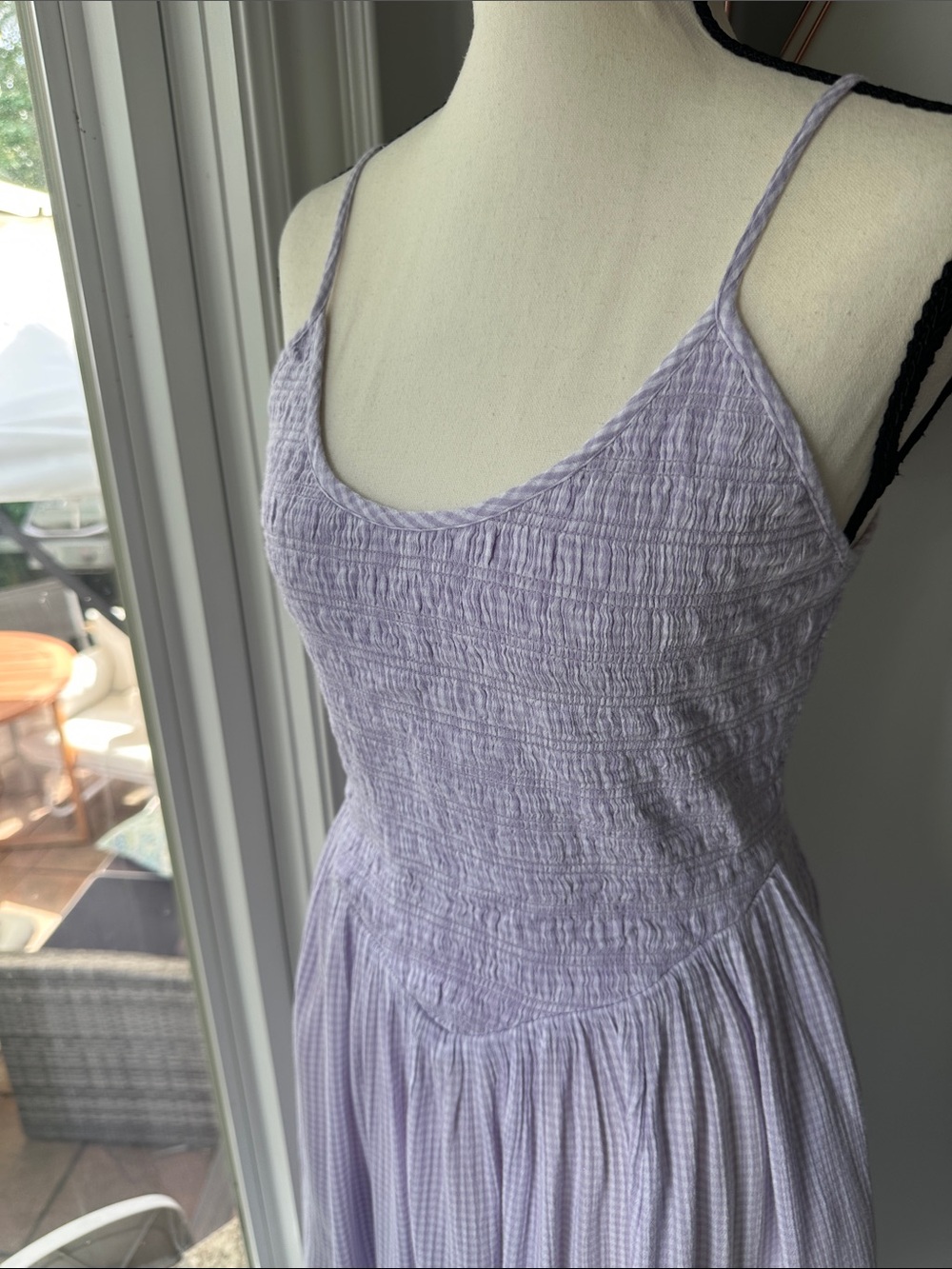 AERIE Lavender White Gingham Smocked Maxi Dress Cottagecore Dropped Waist Small - Picture 2 of 13